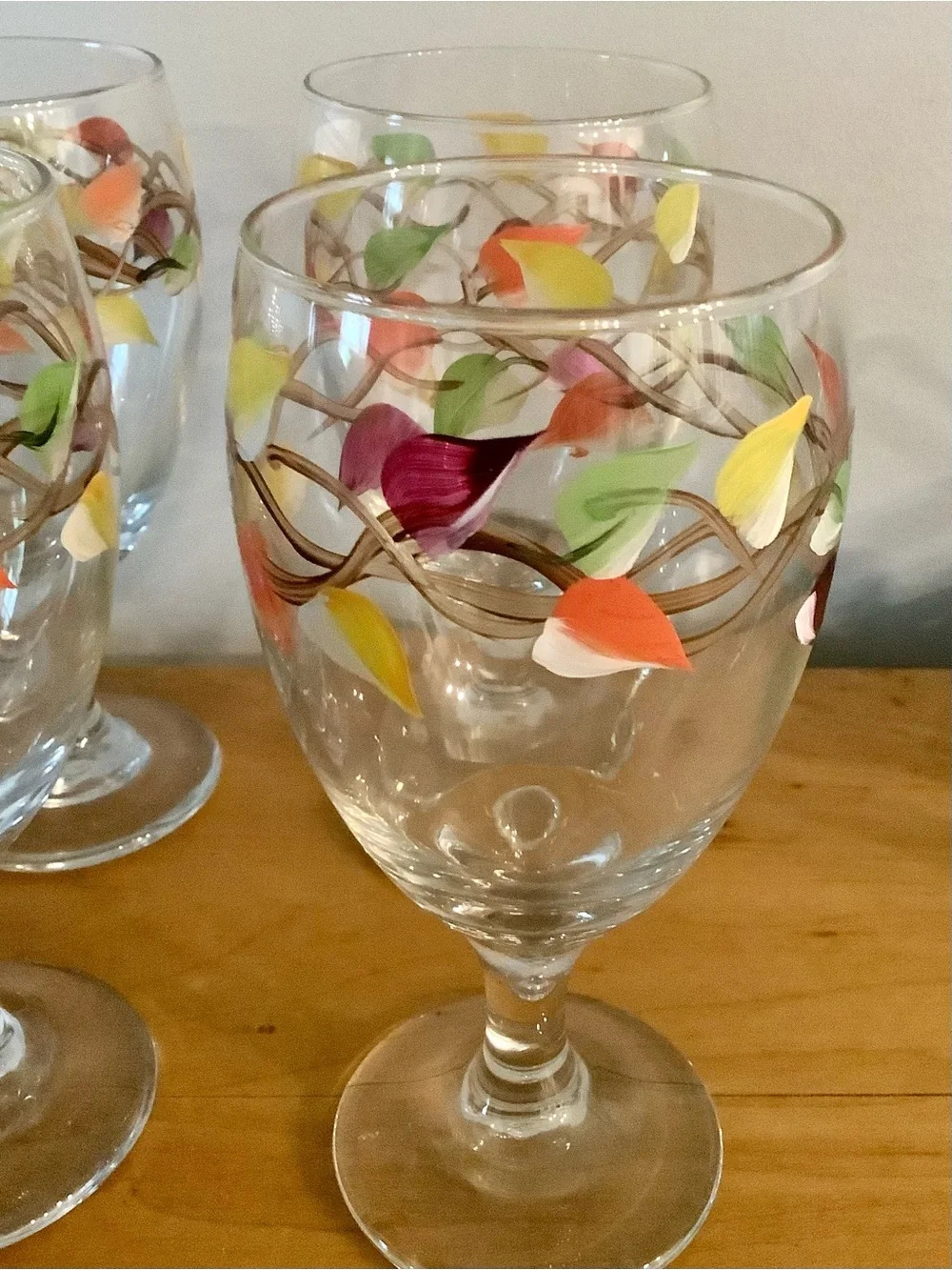 Colorful Hand Painted Leaf Stemmed Wine Glasses - Set of 4